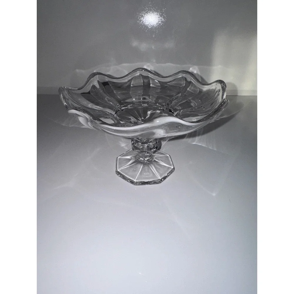 Vintage Clear Pressed Glass Pedestal Bowl Scalloped Ruffled Rim Compote Dish 6in